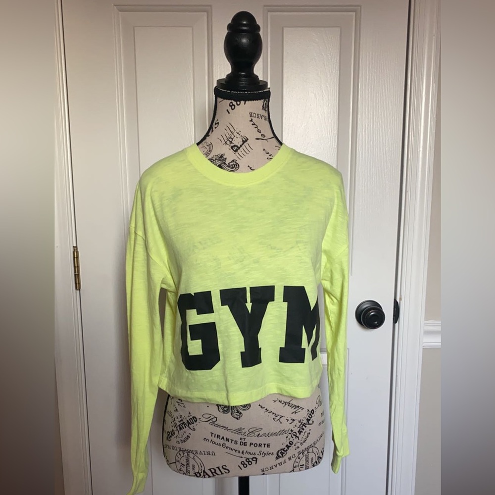 Women’s Athletic Works Neon Greenish Long Sleeved Cropped “GYM” Shirt Size Small